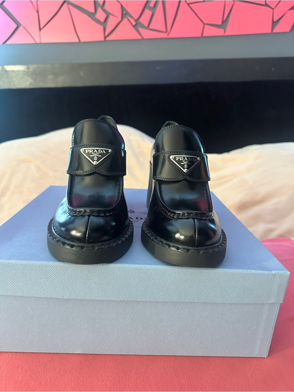 NIB Prada Black Patent Leather Logo Strap Loafers Heel - Picture 2 of 4